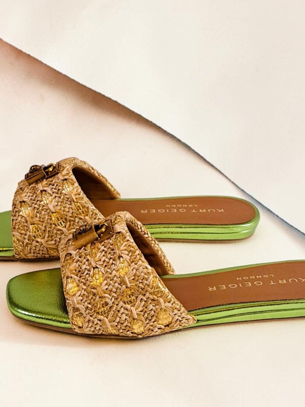 Kurt Geiger London Brixton Lock Metallic Green Slide Sandals Sz. 5 NWB See Disc.